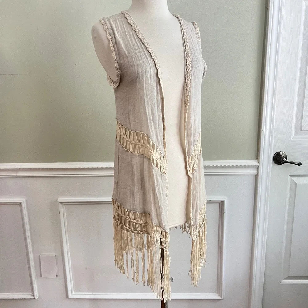 Boho Fringe Vest Womens OS Macrame Crochet Gauze Beige‎ Festival Kimono